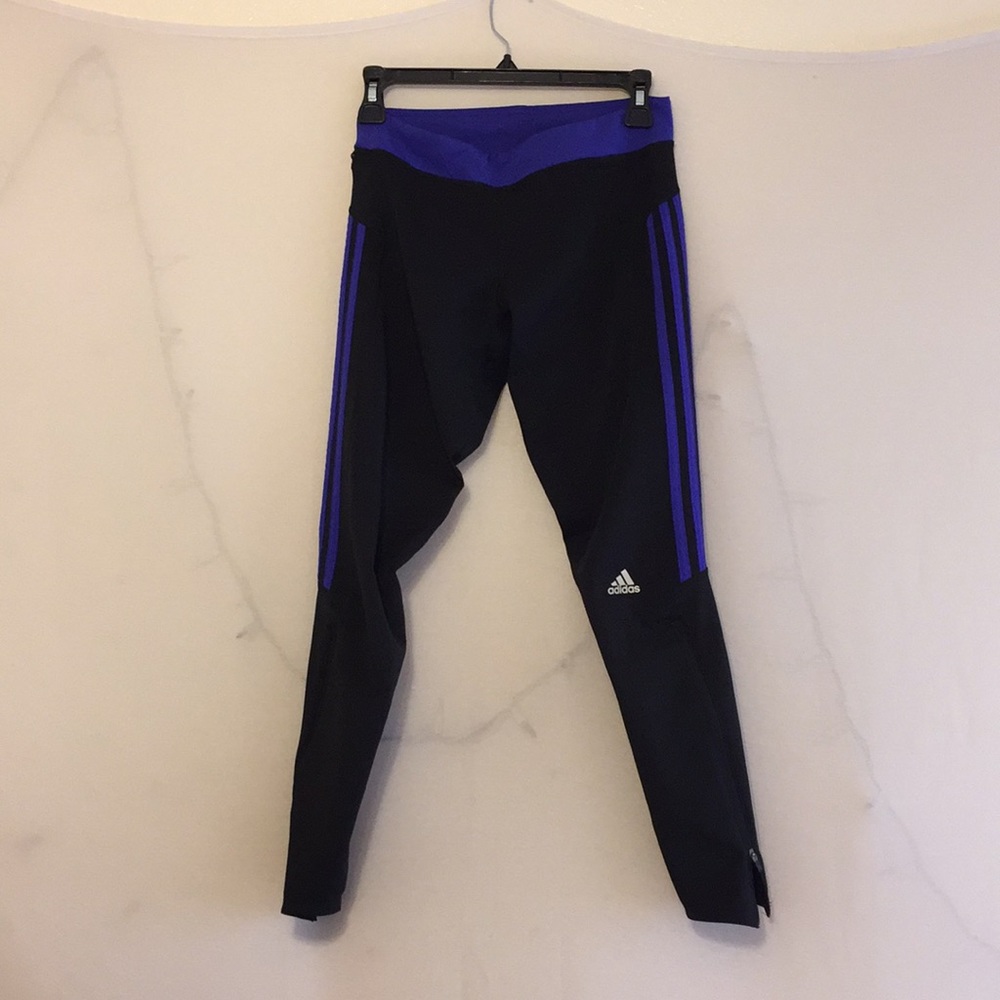 Adidas black leggings with blue stripes